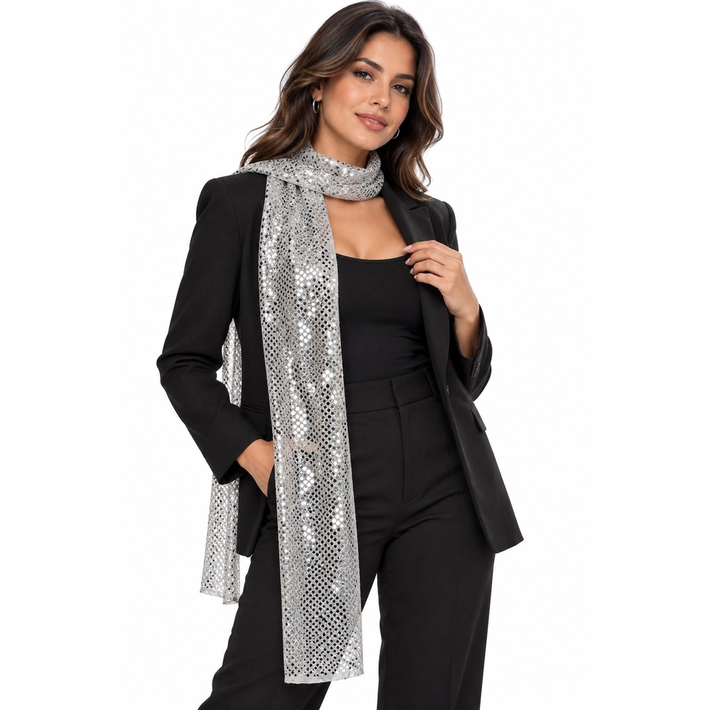 Silver Sequin Skinny Scarf Long Narrow Evening Accessory Party Glam Y2K 114-43